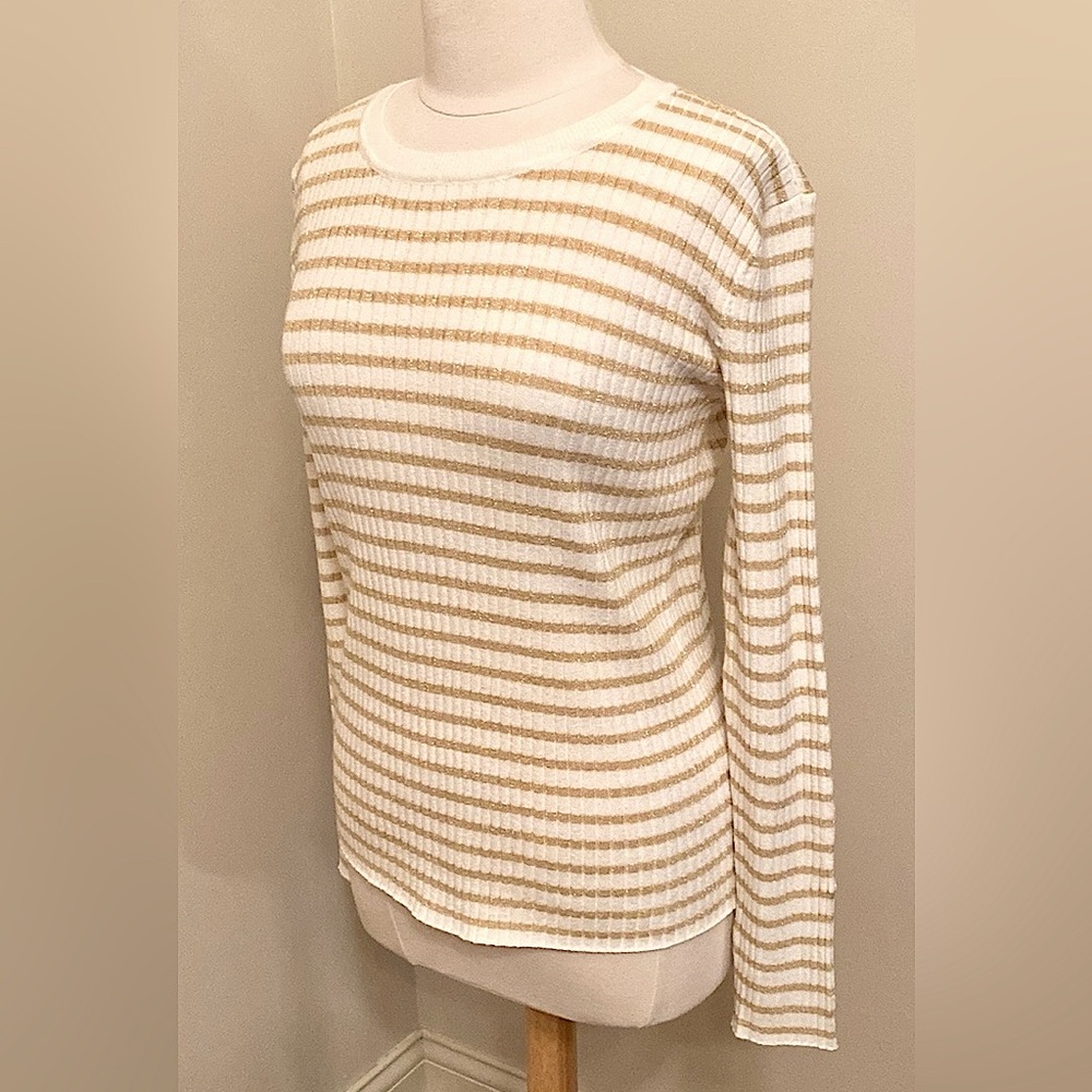 Nine West Cream Gold Metallic Striped L Coastal Nautical Preppy Casual Sweater - Picture 5 of 11